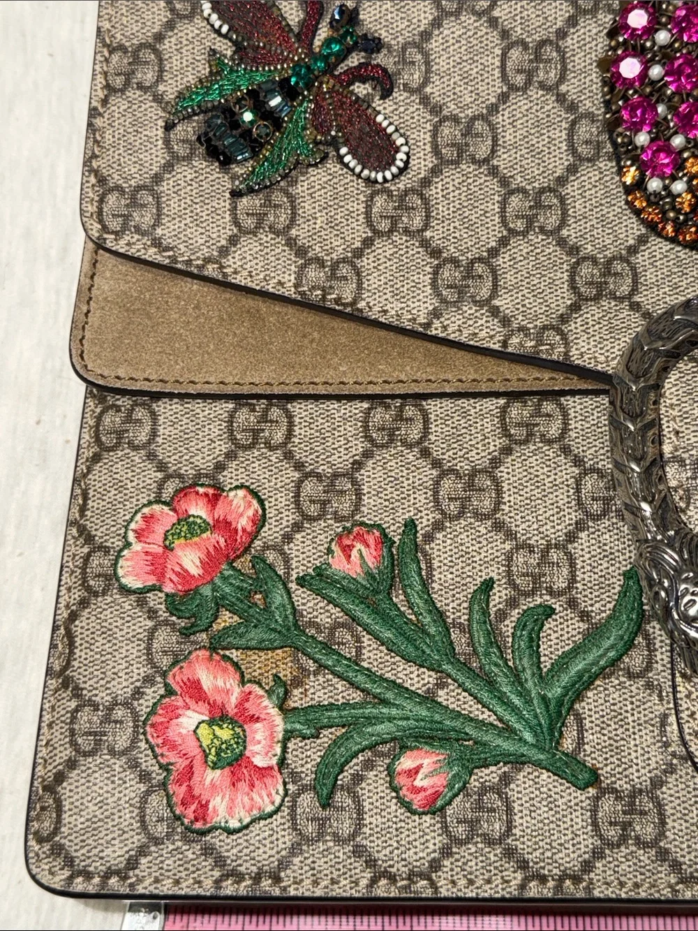 Gucci Beige GG Supreme Embroidered Dionysus Shoulder Bag with Pineapple Detail